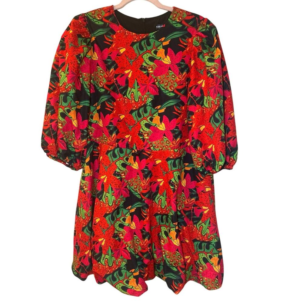 SHEIN X Tropical Floral Puff Sleeve Mini Dress Bubble Skirt Large NWT